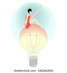 The illustration shows a woman sitting on a lamp. She's wearing a short dress, no shoes. The incandescent lamp is depicted with all the details.