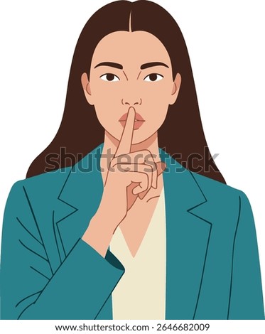 Illustration shows a woman in a teal jacket holding her finger to her lips, signaling silence with a calm, composed expression and straight dark hair. Serene mood.