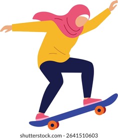 Illustration shows a woman wearing a pink hijab, yellow top, and navy pants skateboarding on a blue skateboard with orange wheels in an active pose, vibrant and dynamic.