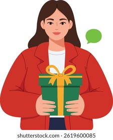 Illustration shows a woman wearing a red jacket holding a green gift box tied with a yellow ribbon, with a green chat bubble next to her, conveying a cheerful mood.
