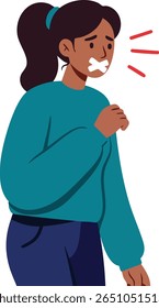 Illustration shows a woman wearing a teal sweater and dark pants with her mouth covered, expressing silence or fear in a clear and simple vector style. Calm mood.