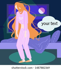 The illustration shows a woman who got out of bed late at night. Here you can write your own text. Used cartoon style.