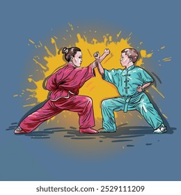 The illustration shows a wushu sports competition