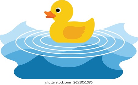 A ilustração mostra um pato de borracha amarelo flutuando sobre uma camada de água azul com ondulações se espalhando para fora. A cena é simples e divertida, transmitindo um humor alegre.