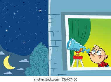 
The illustration shows a young astronomer who observes from the window of the stars through a telescope