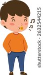 Illustration shows a young boy whistling with musical notes around, hands in pockets, dressed in an orange sweater and blue pants, expressing a cheerful mood.