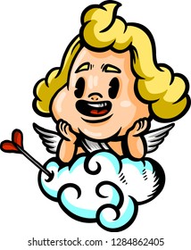 The illustration shows a young Cupid that is chilling out on a soft cloud.  