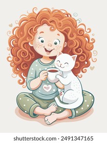 The illustration shows a young girl with curly red hair sitting in a cross-legged pose and holding a cup of hot drink. A white cat with closed eyes sits on the girl’s lap, hugging a cup with its paws