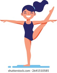 Illustration shows a young girl in a navy leotard performing a balanced gymnastics pose with arms extended and one leg raised, smiling confidently in a clean flat style. Cheerful mood.
