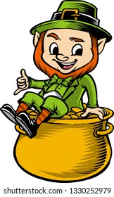 The illustration shows a young leprechaun that is sitting on a big pot of gold. 