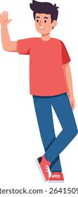 Illustration shows a young man casually standing and waving with a friendly smile, dressed in red and blue. The mood is cheerful and welcoming.