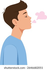 A ilustração mostra um jovem com olhos fechados soprando beijos em forma de coração rosa, expressando amor e afeto de maneira calma e gentil. Humor romântico e terno.