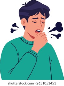 Illustration shows a young man coughing with closed eyes wearing a green sweater, expressing discomfort and illness with visible breath puffs. The mood is concerned and uneasy.