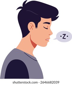Illustration shows young man with dark hair and closed eyes sleeping peacefully with a speech bubble containing a sleeping symbol, conveying calm and restfulness mood.