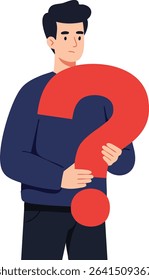 Illustration shows a young man holding a large red question mark representing curiosity and inquiry in daily life, conveying thoughtful mood and modern vector style.