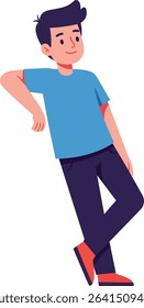 Illustration shows a young man leaning with one arm, dressed in a blue shirt and dark pants, smiling confidently. The style is clean and modern, conveying a casual mood.