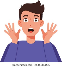 Illustration shows a young man with wide eyes, open mouth, and raised hands wearing a purple shirt, conveying surprise and shock in a clear and simple style. Calm mood.