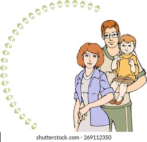 The illustration shows a young married couple with a child in her arms. There is a place for the text box in a decorative frame.