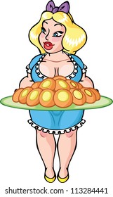 The illustration shows young pretty blond blue-eyed woman in blue dress with tray in her arms. The tray is full of cookies. The illustration done in cartoon style.