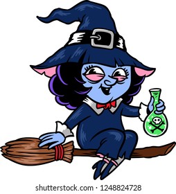 The illustration shows a young witch that holds a vial of poison. She wears a blue hat and she's flying on a broomstick. 