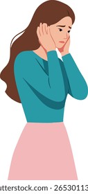 Ilustração mostra uma jovem mulher com suéter azul e saia rosa cobrindo suas orelhas, expressando estresse e preocupação com uma expressão pensiva. O clima está ansioso.
