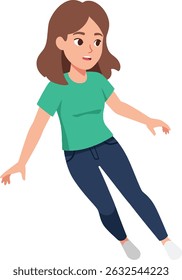 Illustration shows a young woman with brown hair in casual green shirt and blue pants floating in a relaxed pose with a calm expression, creating a serene atmosphere.