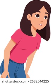 A ilustração mostra uma jovem mulher com cabelo escuro inclinado para a frente vestindo uma camisa rosa e jeans azul, expressando curiosidade e preocupação em um estilo brilhante. O humor é atencioso.