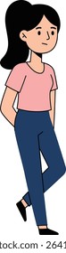 Illustration shows a young woman standing calmly with hands behind her back wearing a pink shirt and blue pants in a casual style, conveying a relaxed mood.