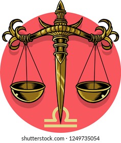 The illustration shows a zodiac sign, Libra, represented by an old balance scale with two plates that is perfectly equilibrated. 