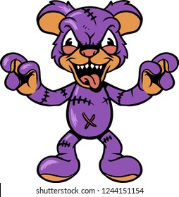 The illustration shows a zombie bear. He has a purple color, sharp fangs, a lot of scars and a frightening look. 