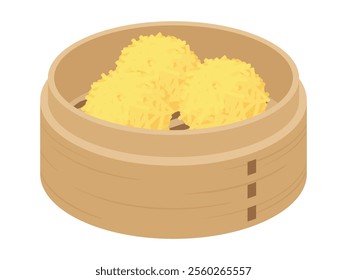 Illustration of shredded shumai in a bamboo steamer. Shredded egg dim sum