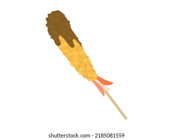 Illustration of shrimp kushikatsu with sauce.