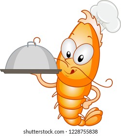 Illustration of a Shrimp Mascot Chef Holding a Tray with Cover