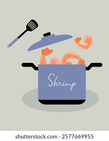 Illustration Shrimp with Pot and Pot, Crossed Spatula