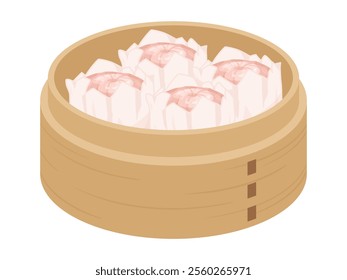 Illustration of shrimp shumai in a bamboo steamer