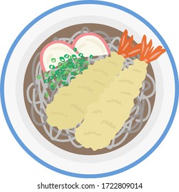 Illustration of shrimp tempura soba in a bowl.