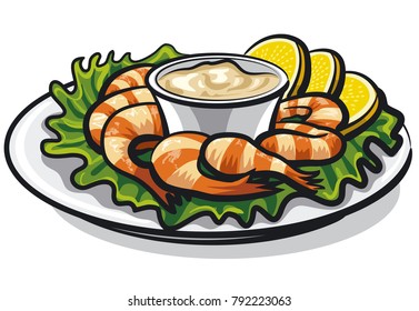 illustration of shrimps cocktail with sauce and lemons on plate