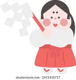 Illustration of a shrine maiden waving an exorcism stick