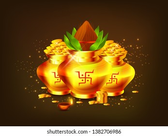 Illustration Of Shubh Akshaya Tritiya Greeting Card Background With Golden shine coin pot (Kalash).