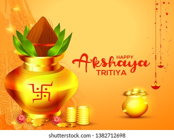 Illustration Of Shubh Akshaya Tritiya Greeting Card Background With Golden shine pot (Kalash).