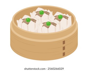 Illustration of shumai in a bamboo steamer