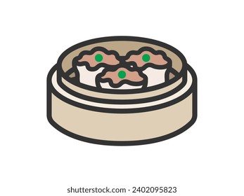 Illustration of a shumai icon (color line drawing) in a steamer basket.