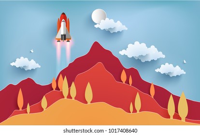 illustration of the shuttle. fly across a beautiful hill at full speed. paper art design