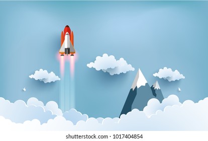 
illustration of the shuttle. flying across beautiful clouds at full speed. paper art design