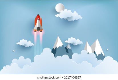 
illustration of the shuttle. flying across beautiful clouds at full speed. paper art design