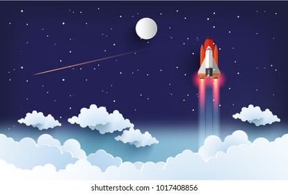 illustration of the shuttle. flying into beautiful space at full speed. paper art design