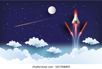 illustration of the shuttle. flying into beautiful space at full speed. paper art design
