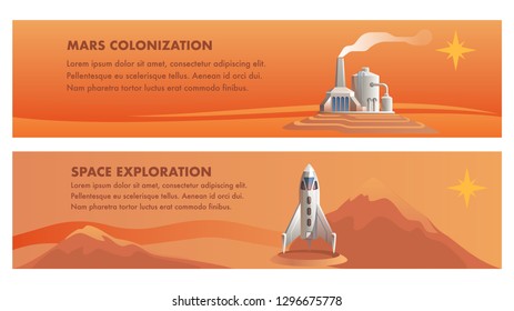 Illustration Shuttle Technical Building Red Planet. Vector Banner Set Mars Colonization, Space Exploration. Space Power Station to Maintain Energy Settlement. Rocket for Traveling in Space
