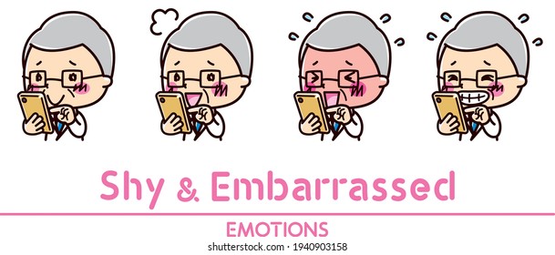 Illustration of shy and embarrassing facial expressions of a doctor operating a smartphone