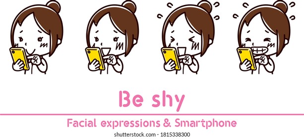 Illustration of a shy facial expression of a woman holding a smartphone